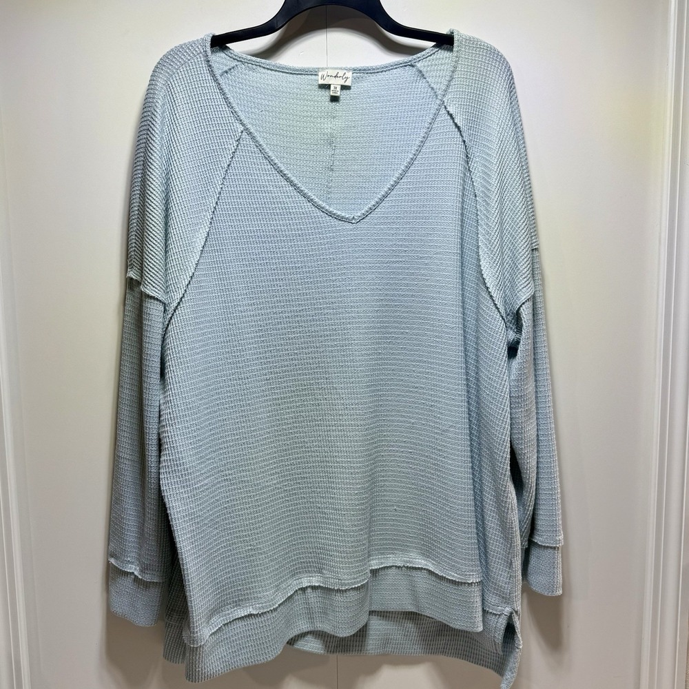 Wonderly Studio Women's 3X Top Caro Blue Raw Edge Seams Soft Long Sleeve - Picture 1 of 6